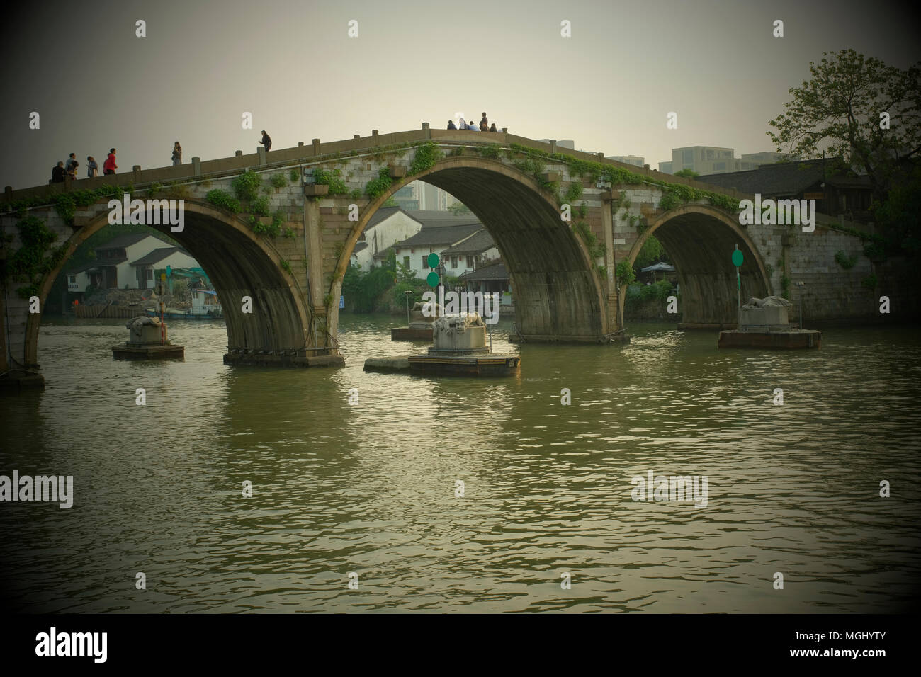 Gongchen bridge on the Grand Canal in Hangzhou,China. It is a landmark of Hangzhou. Stock Photo