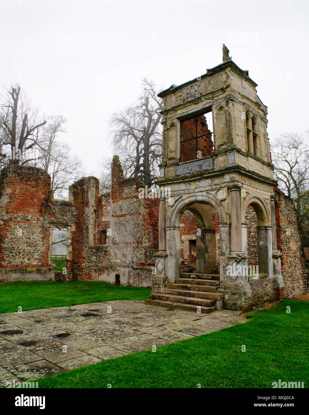 View NW of Old Gorhambury House (C16th), St Albans, England, UK, showing the two-storey Classical porch leading into the hall from the S courtyard. Stock Photo
