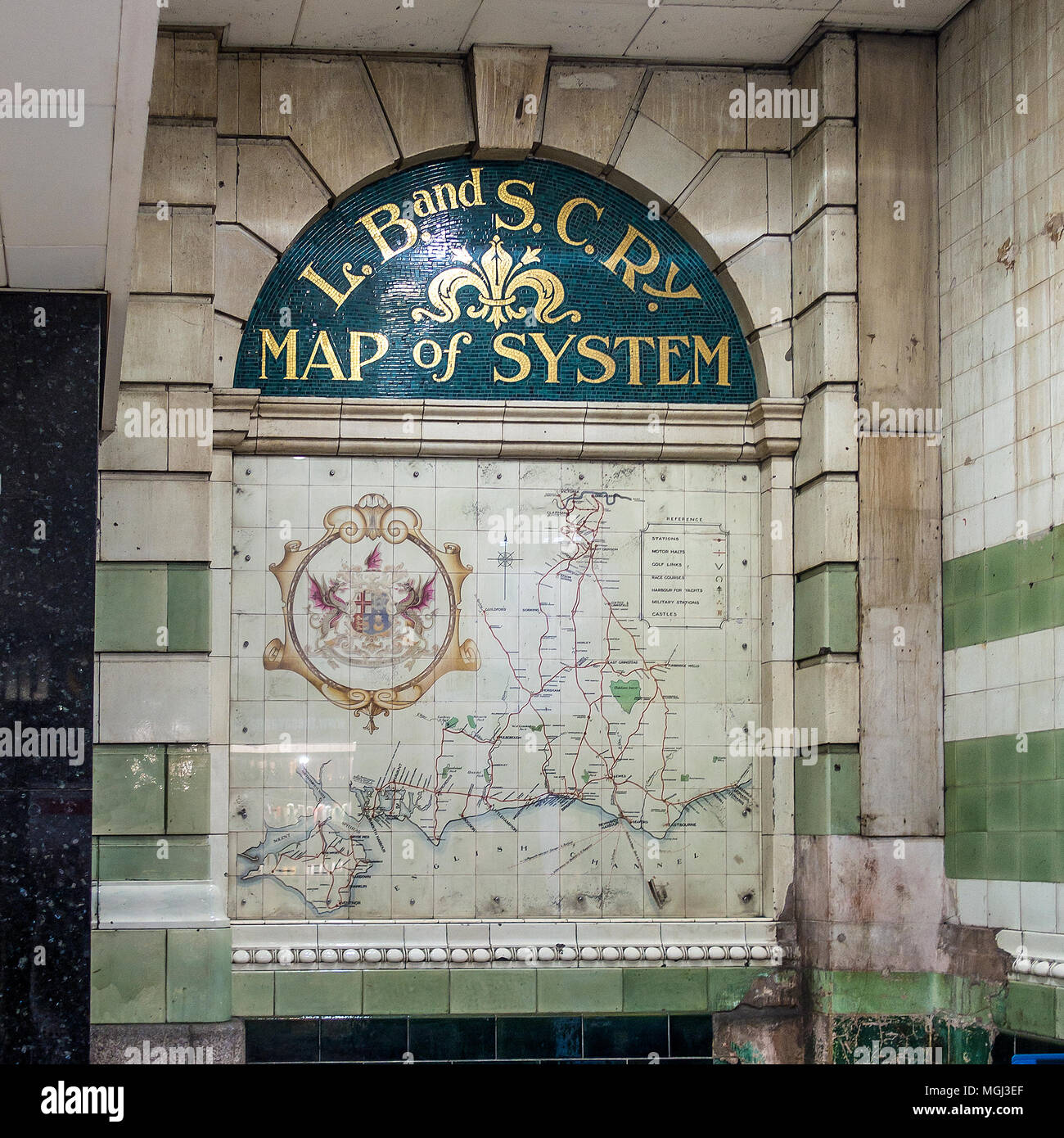 London, Brighton and South Coast Railway,Map,Tiles,LB&SCR,Victoria Station,London,England Stock Photo