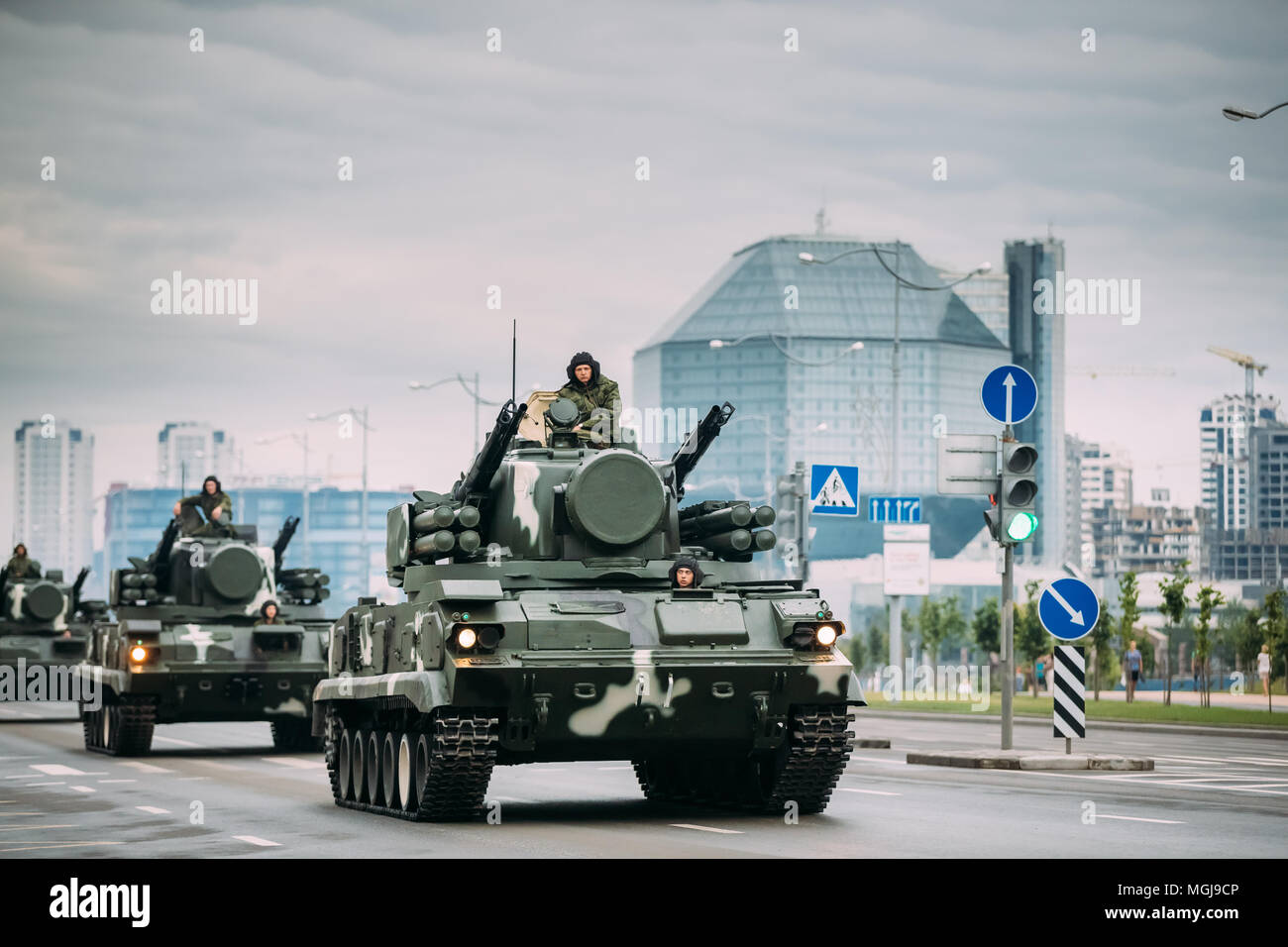 Minsk, Belarus. 2K22 Tunguska Russian Tracked Self-propelled Anti-aircraft Weapon Moving Near National Library During Rehearsal Before Celebration Of  Stock Photo