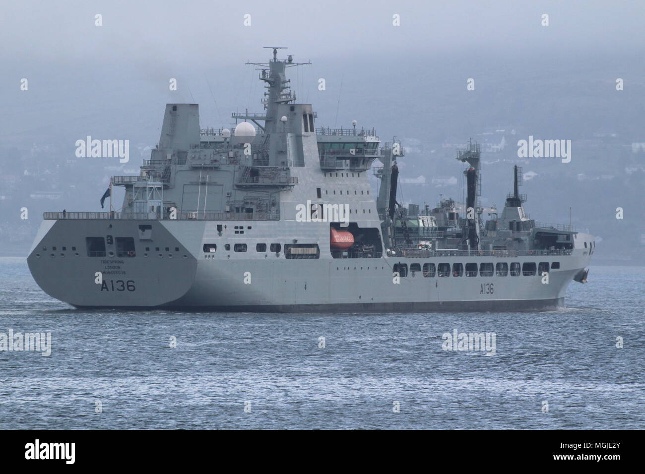 RFA Tidespring (A136), a Tide-class tanker operated by the Royal Fleet Auxiliary, passing Gourock on arrival for Exercise Joint Warrior 18-1. Stock Photo