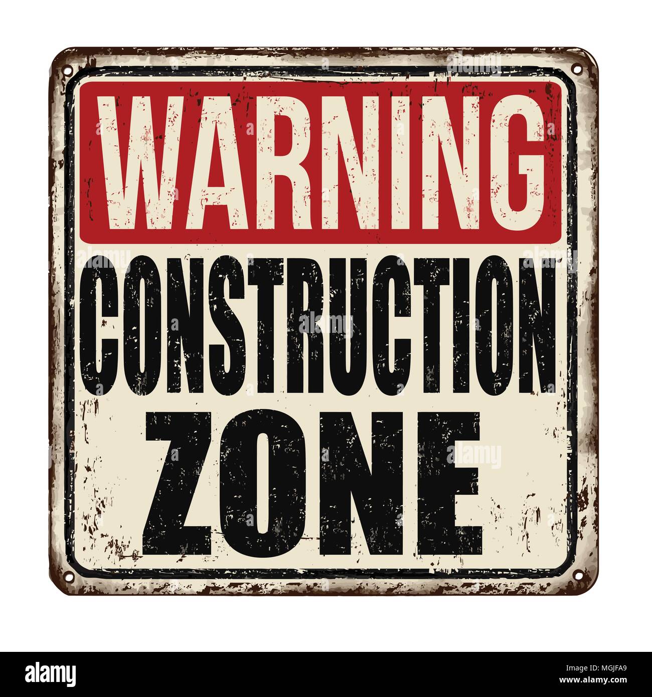 Construction zone vintage rusty metal sign on a white background