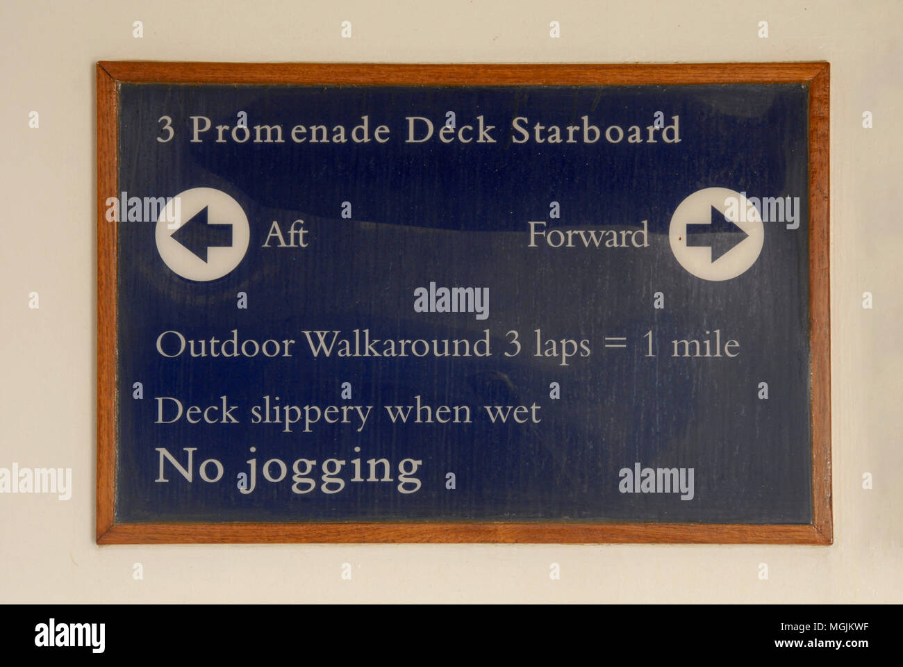 Sign on cruise liner indicating distance covered when walking around the ship Stock Photo