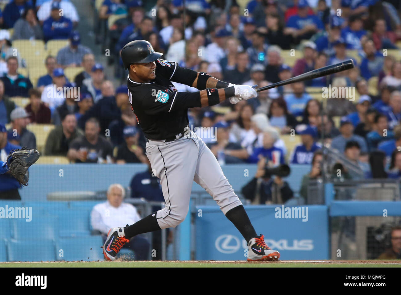 LOS ANGELES - Miami Marlins second baseman Starlin Castro (13) swings at a  pitch against the Los Angeles Dodgers on April 24, 2018 at Dodger Stadium  Stock Photo - Alamy