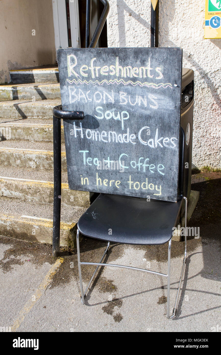 Chalkboard menu list outside a cafe in the village of Wray in Lancaster, UK Stock Photo