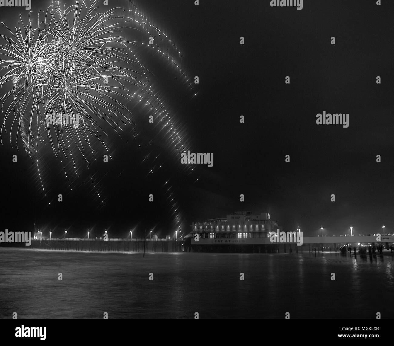 Fireworks being shot from the pier at Daytona Beach in Florida Stock