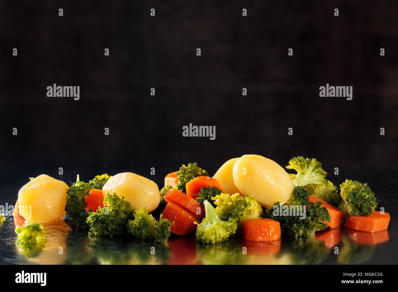 Steamed vegetables on tray. Stock Photo