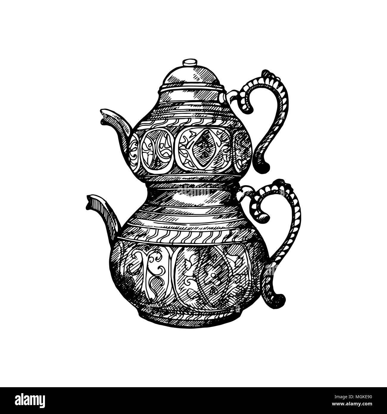 Hand drawn sketch style Turkish tea pot isolated on white background. Vector illustration. Stock Vector