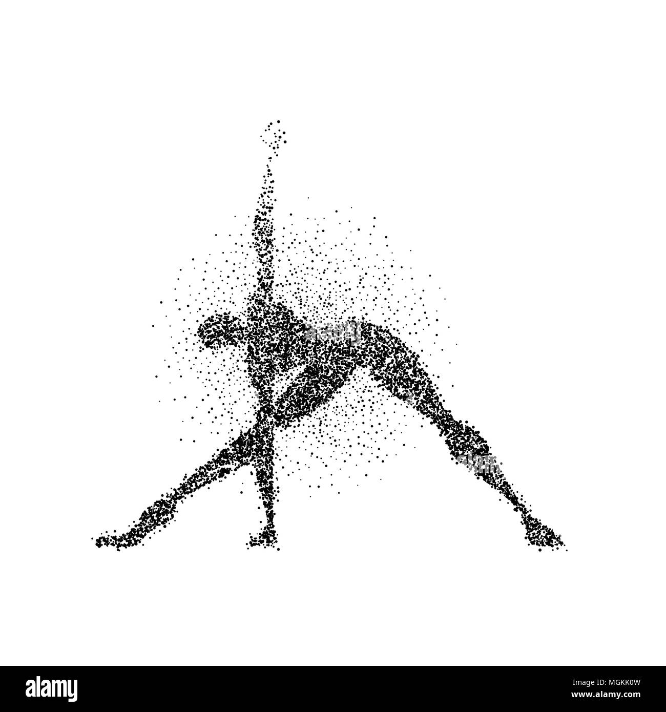 Yoga pose silhouette made of particle dust splash. Man doing meditation exercise in action. EPS10 vector. Stock Vector