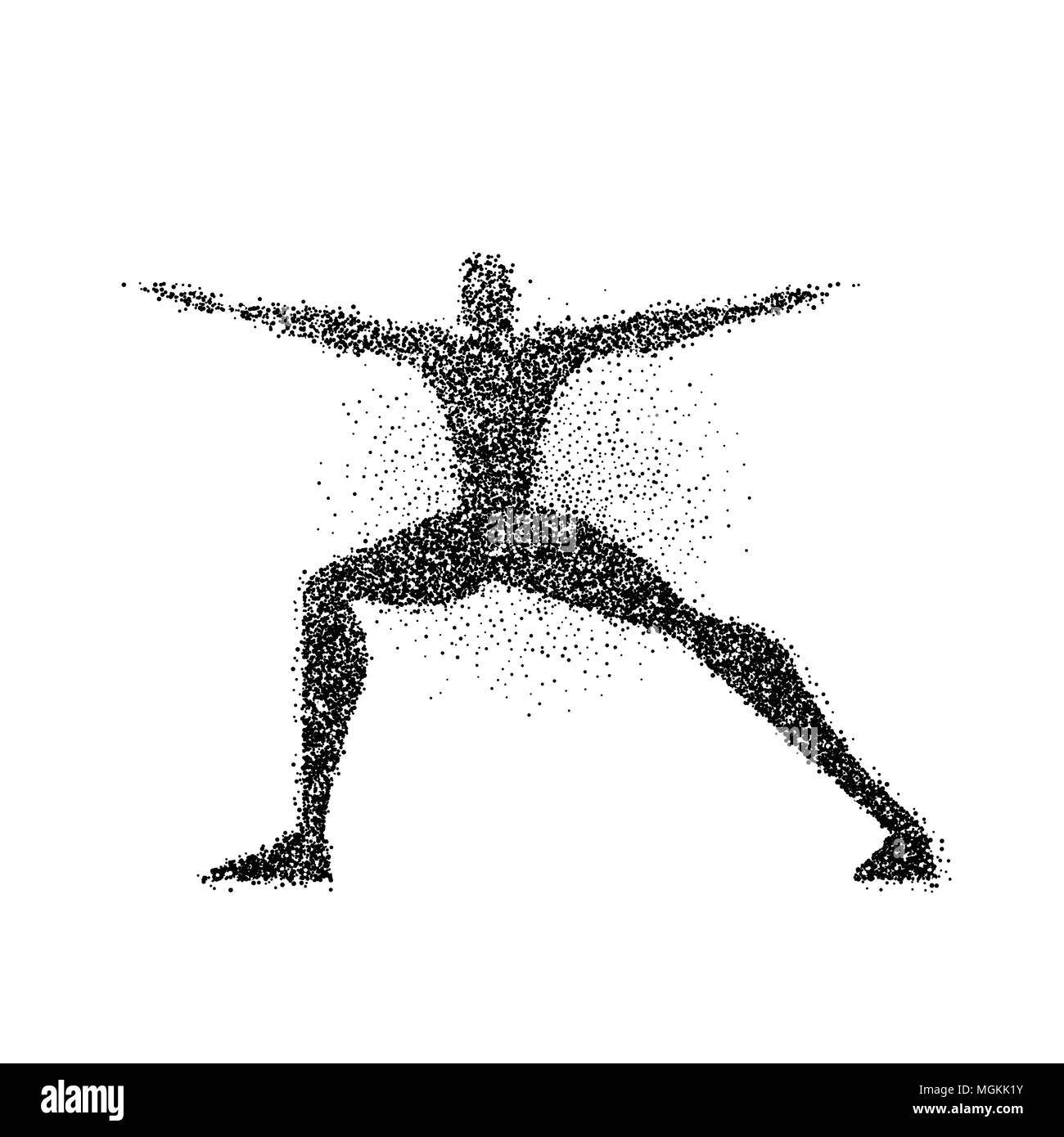 Yoga pose silhouette made of particle dust splash. Man doing meditation exercise in action. EPS10 vector. Stock Vector