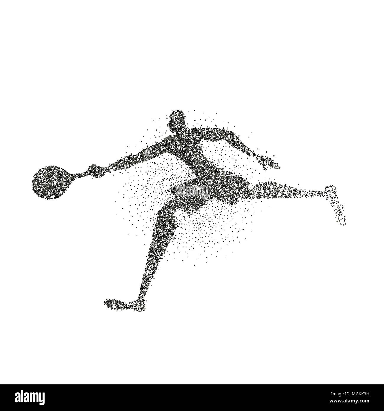 Tennis player silhouette made of black particle splash on isolated background. Abstract athlete man running with racket. EPS10 vector. Stock Vector