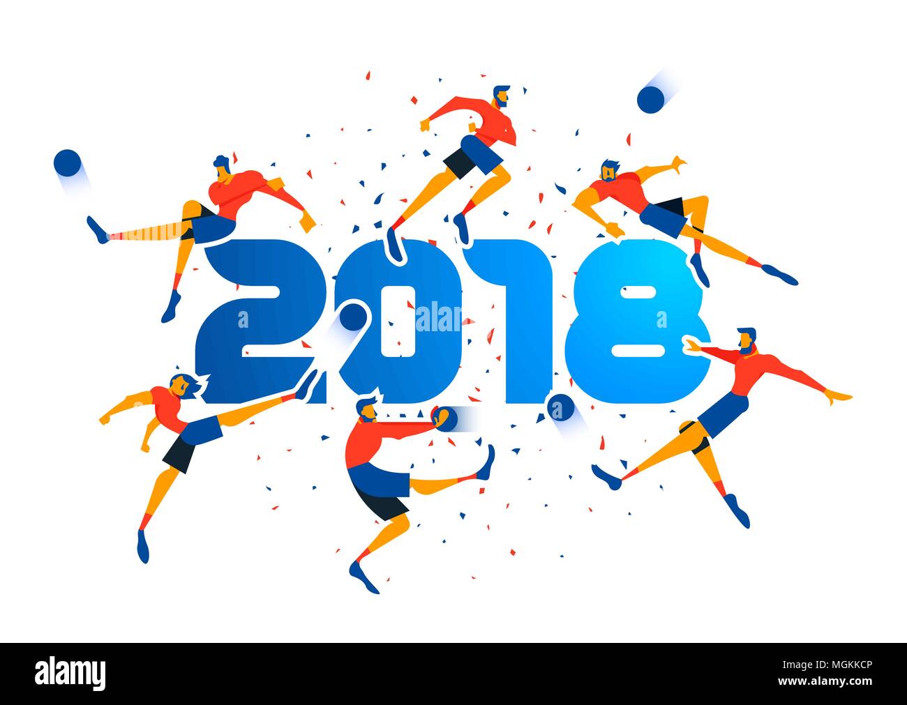 Festive poster design for a 2018 sport event. Soccer player team running at ball with confetti background and typography quote. EPS10 vector. Stock Vector