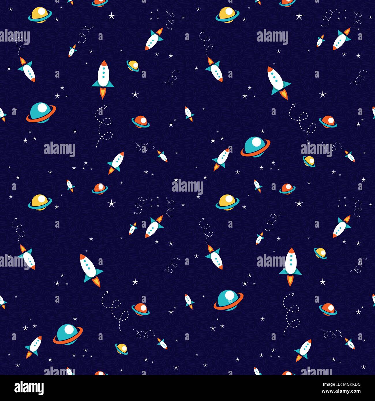 Cosmic seamless pattern of hand drawn planets and rocket spaceship. Outer space galaxy background. EPS10 vector. Stock Vector