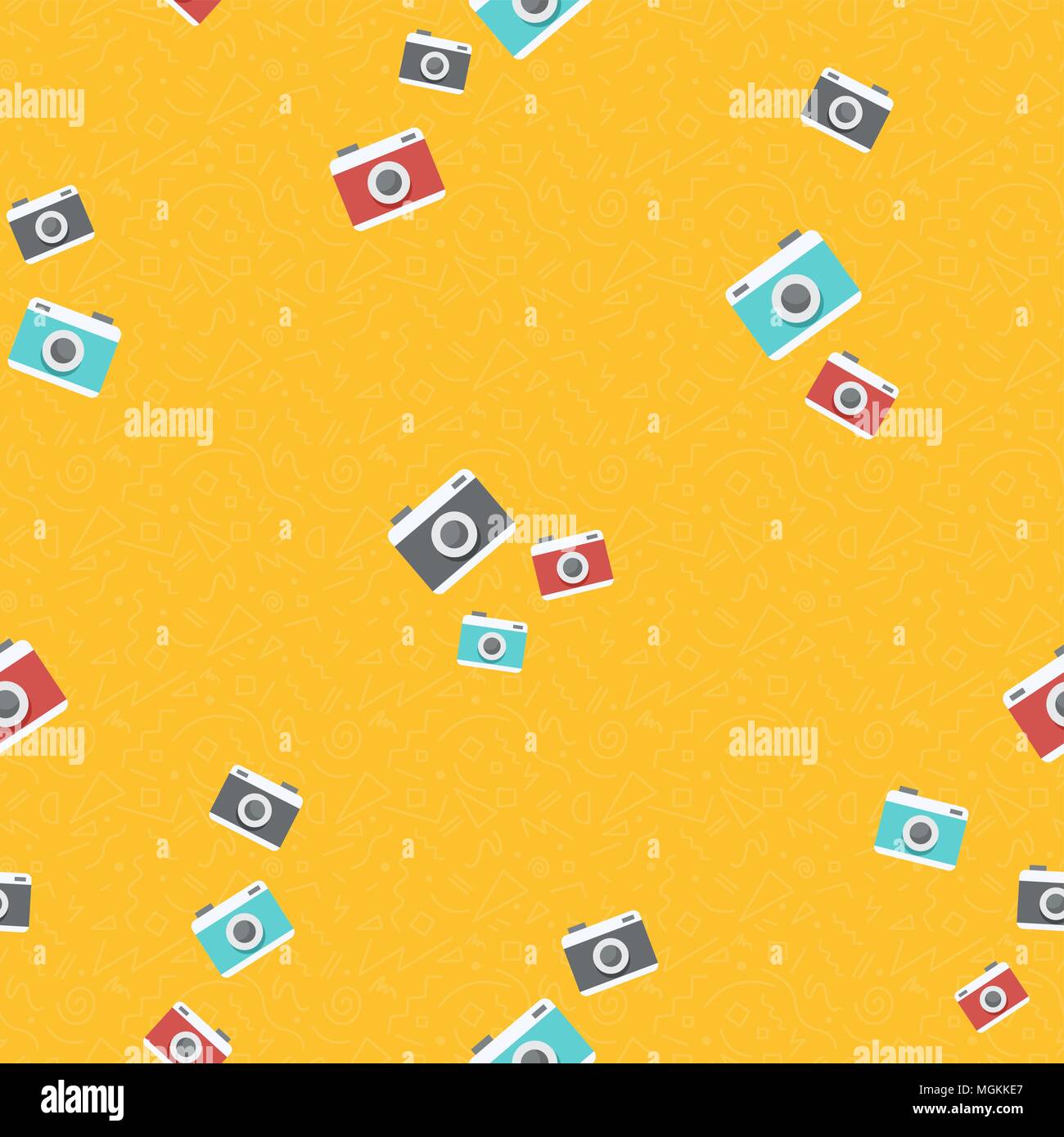 Seamless pattern of colorful retro photo cameras. Vintage photography equipment background illustration. EPS10 vector. Stock Vector