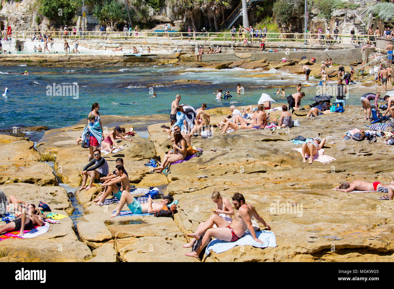People sunbathing on the rocks at Fairy Bower between manly and shelly beach,Sydney,Australia Stock Photo