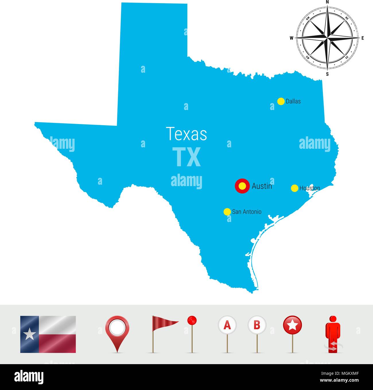 Texas Vector Map Isolated on White Background. High Detailed Silhouette of Texas State. Official Flag of Texas Stock Vector