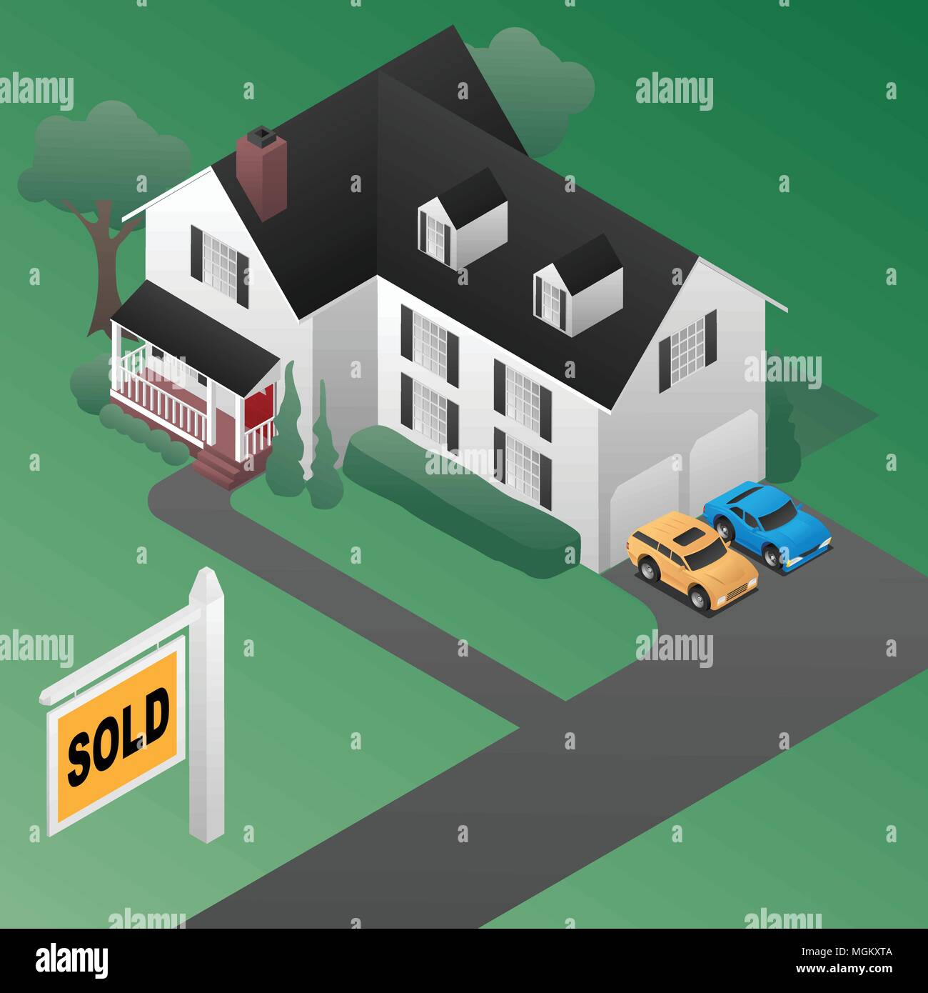Real Estate Sold Sign with House Isometric 3d Style Vector Illustration Stock Vector