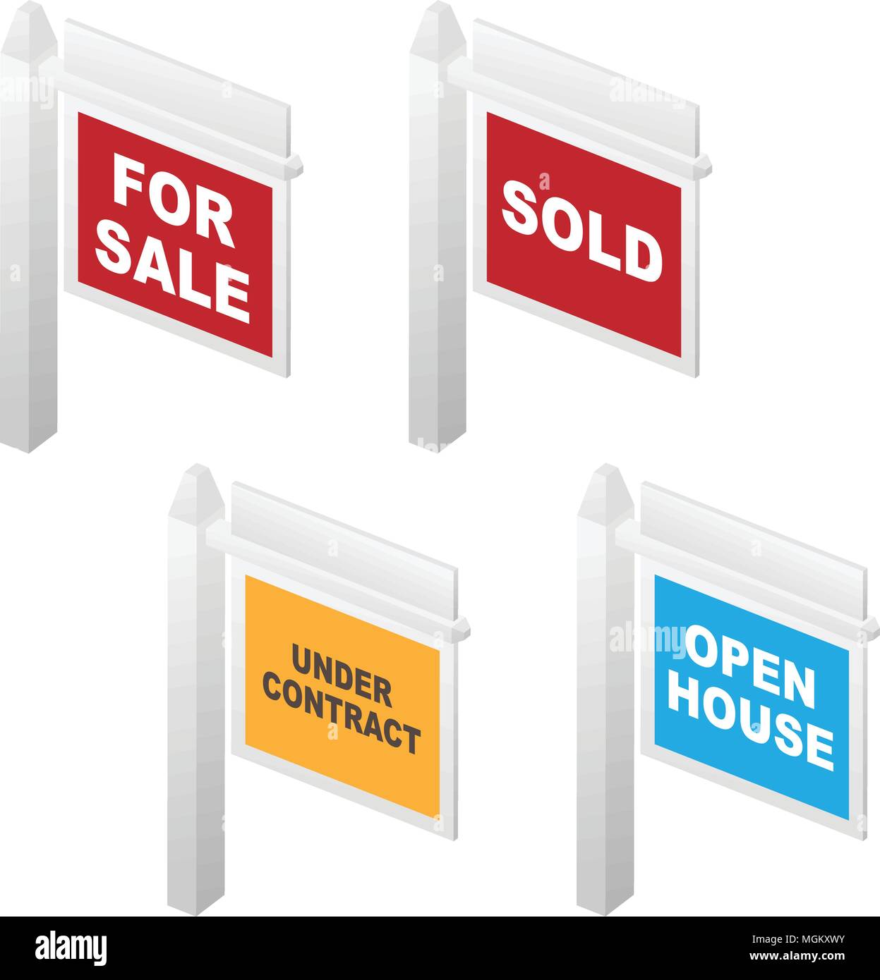 Real Estate For Sale, Sold, Open House and Under Contract Signs Stock Vector