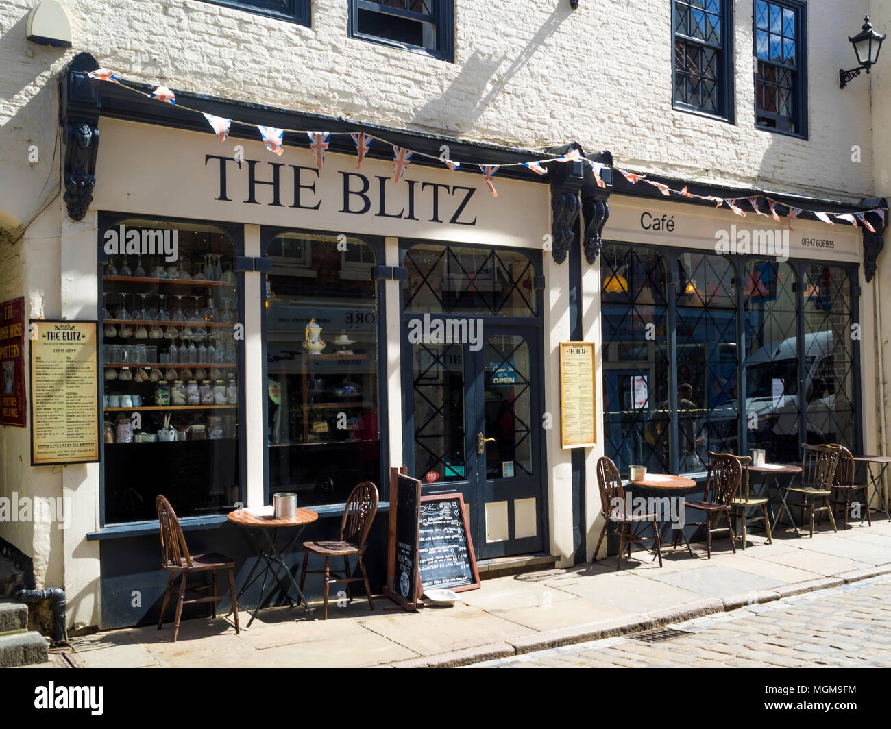 The Blitz café  in Church Street Whitby  North Yorkshire England UK in spring sunshine, Stock Photo