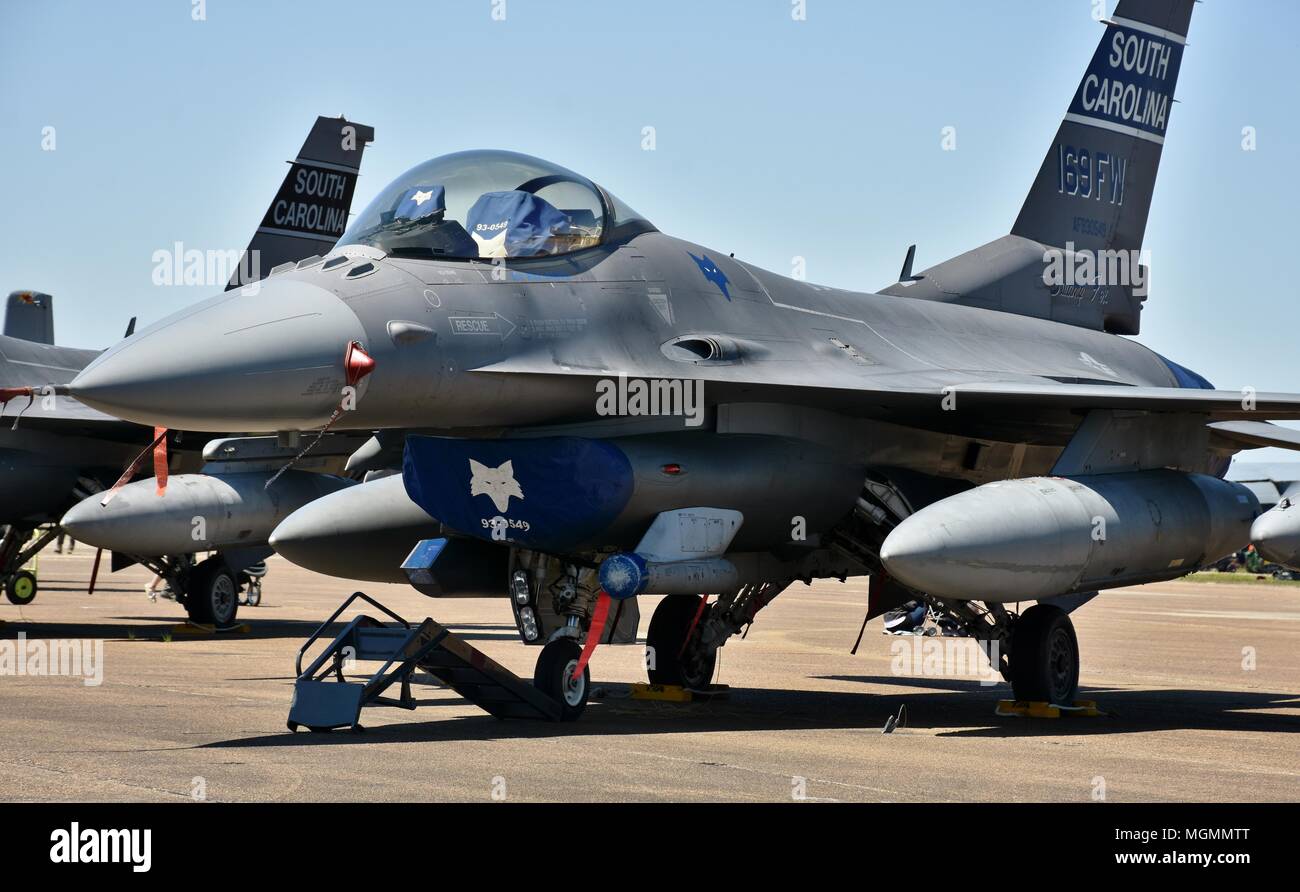 An Air Force F-16 Viper/Fighting Falcon on the  runway at Columbus Air Force Base. This F-16 belongs to the South Carolina Air National Guard. Stock Photo