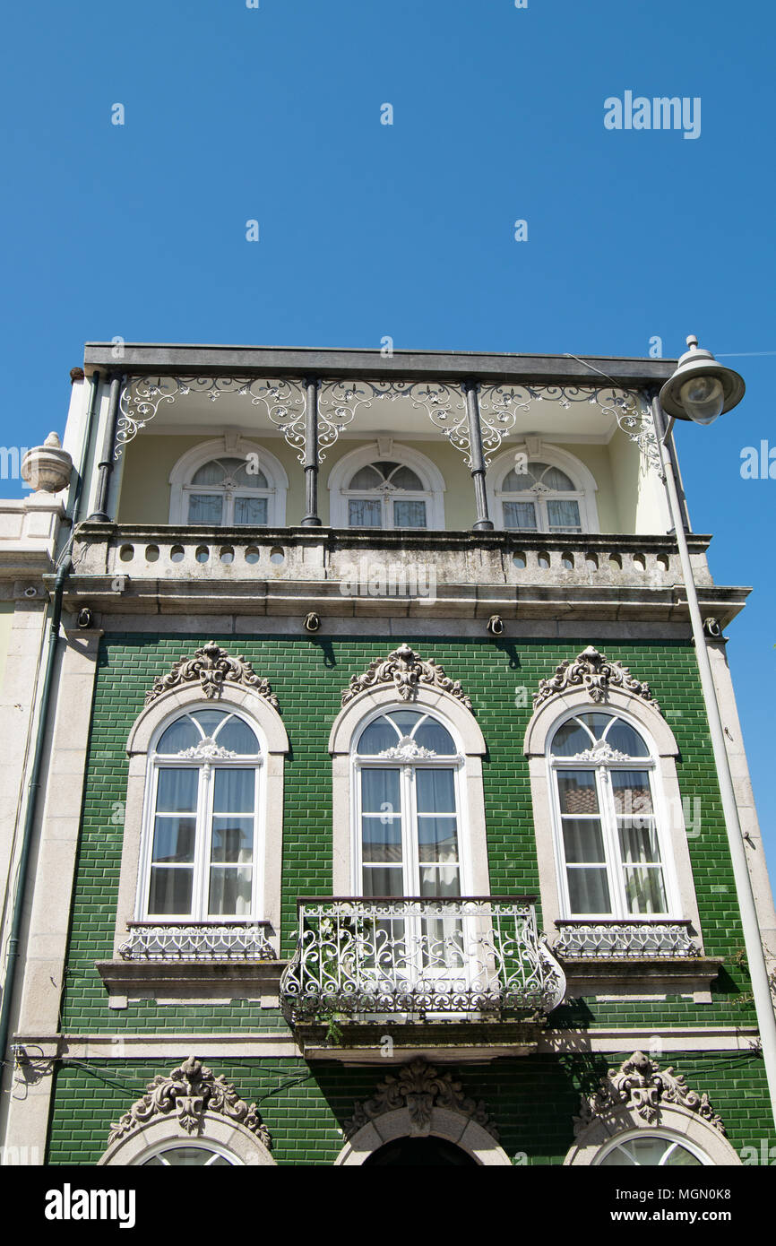 Historic center facades with ceramic tiles in Portugal, city of Braga make remember the past famylies how lives there. Stock Photo