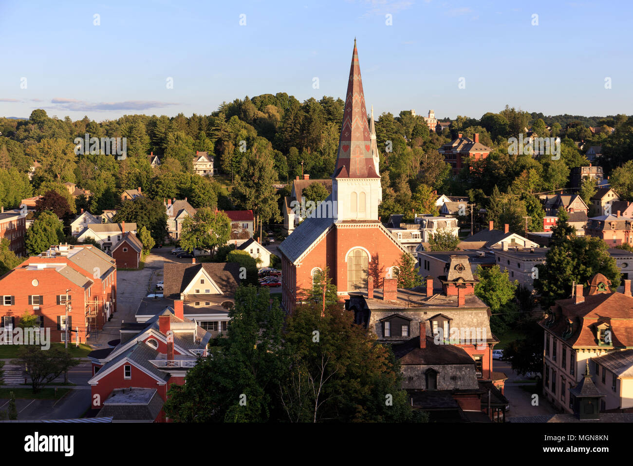Old church with steeple in downtown Montpellier, Vermont Stock Photo