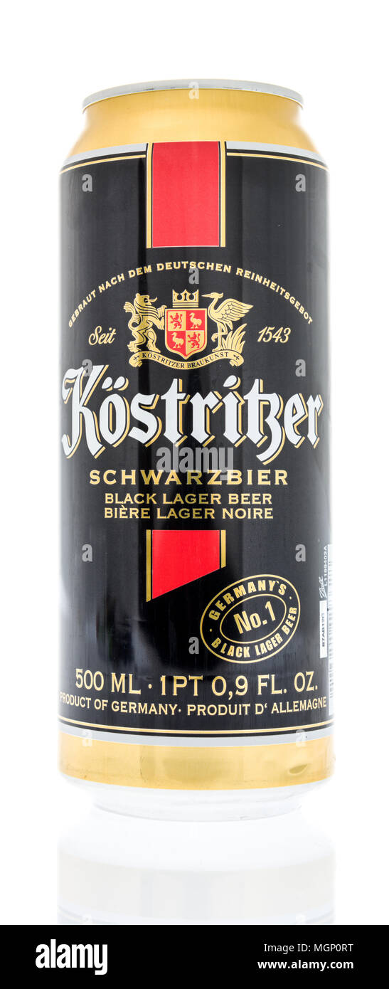 Winneconne, WI -  14 April 2018: A single can of Kostritzer black lager beer on an isolated background. Stock Photo