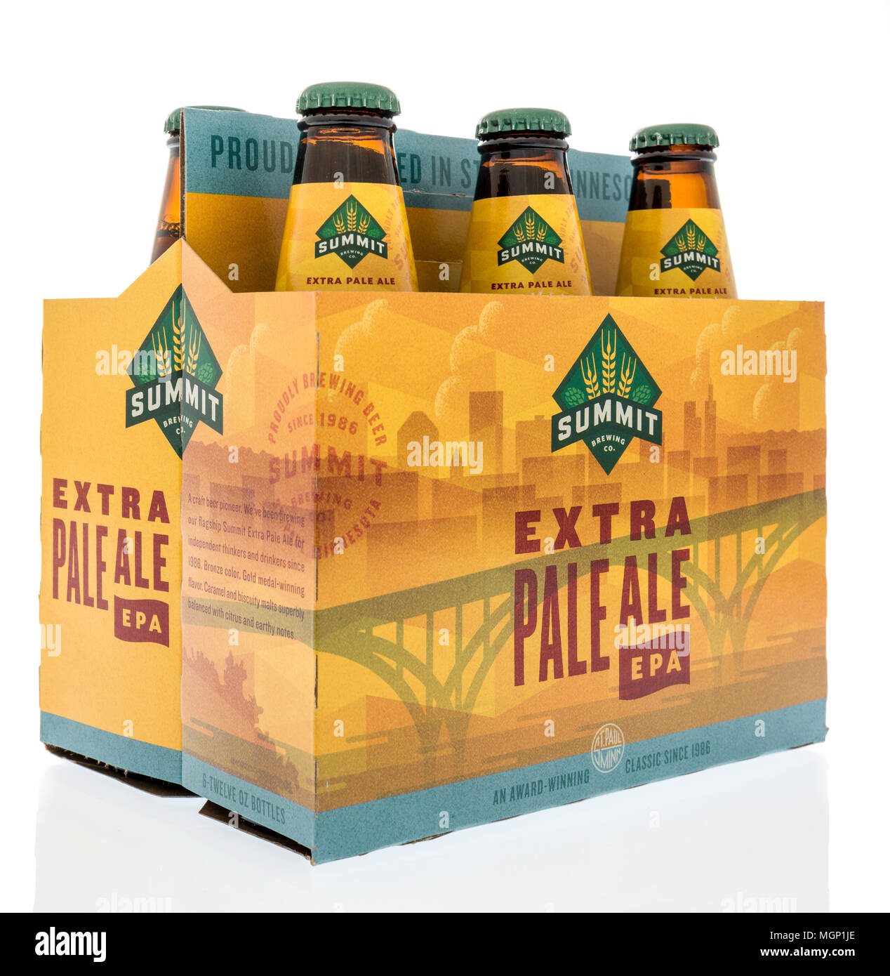 Winneconne, WI -  20 April 2018: A six pack of Summit extra pale ale beer on an isolated background. Stock Photo