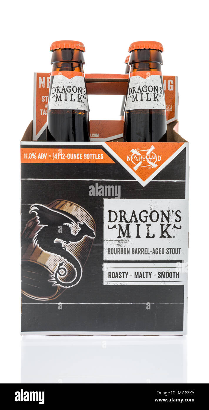 Winneconne, WI -  20 April 2018: A six pack of New Holland Dragon's milk bourbon barrel aged stout beer on an isolated background. Stock Photo
