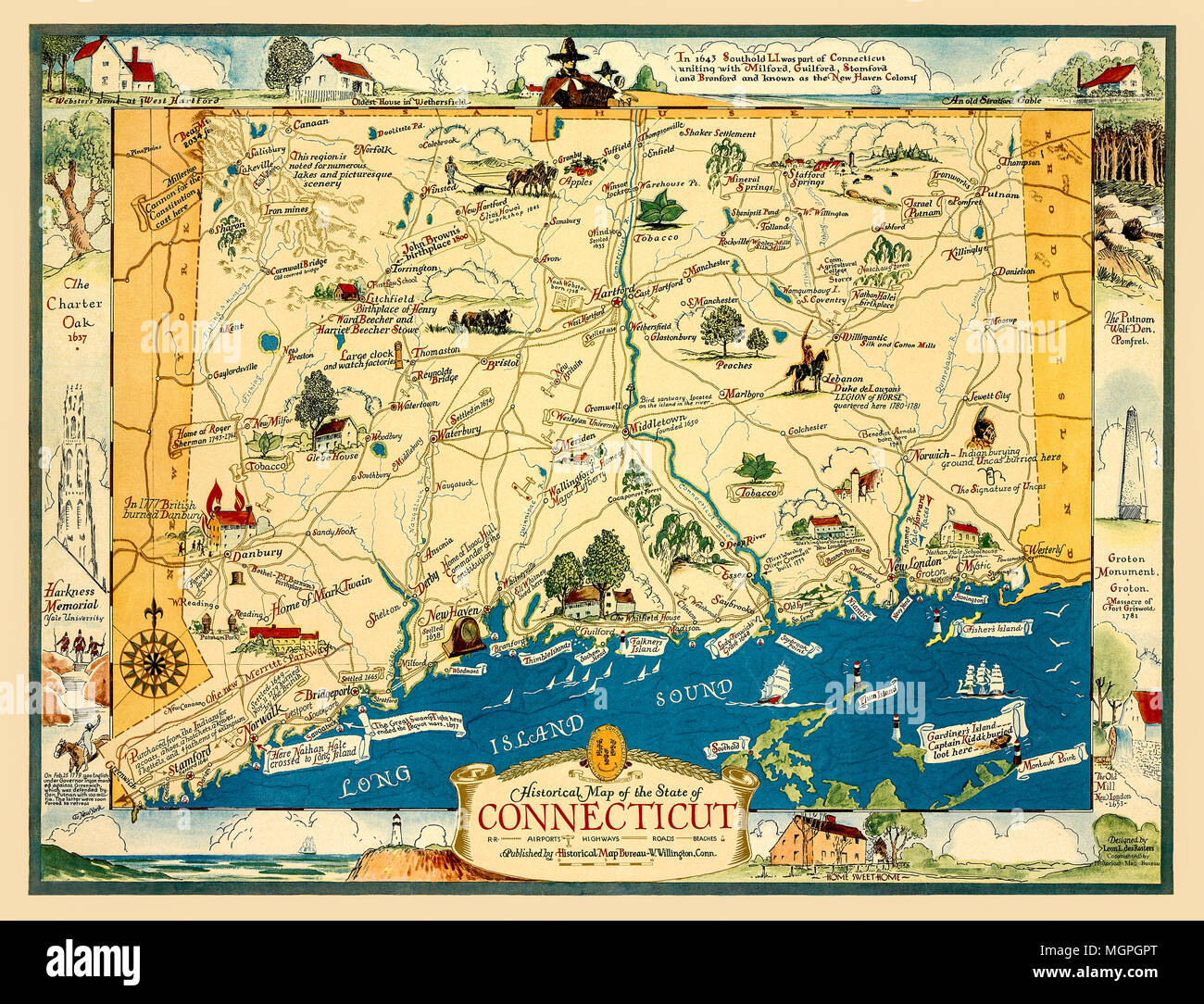 Connecticut 1930s Map With Historical Information Stock Photo