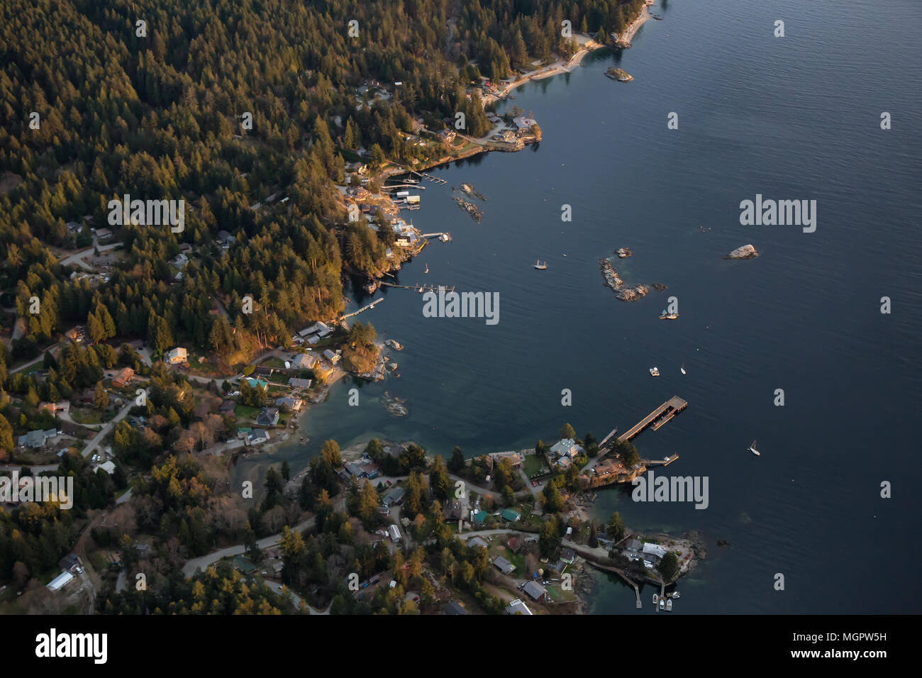 Aerial view of the luxury homes in Halfmoon Bay, Sechelt, Sunshine