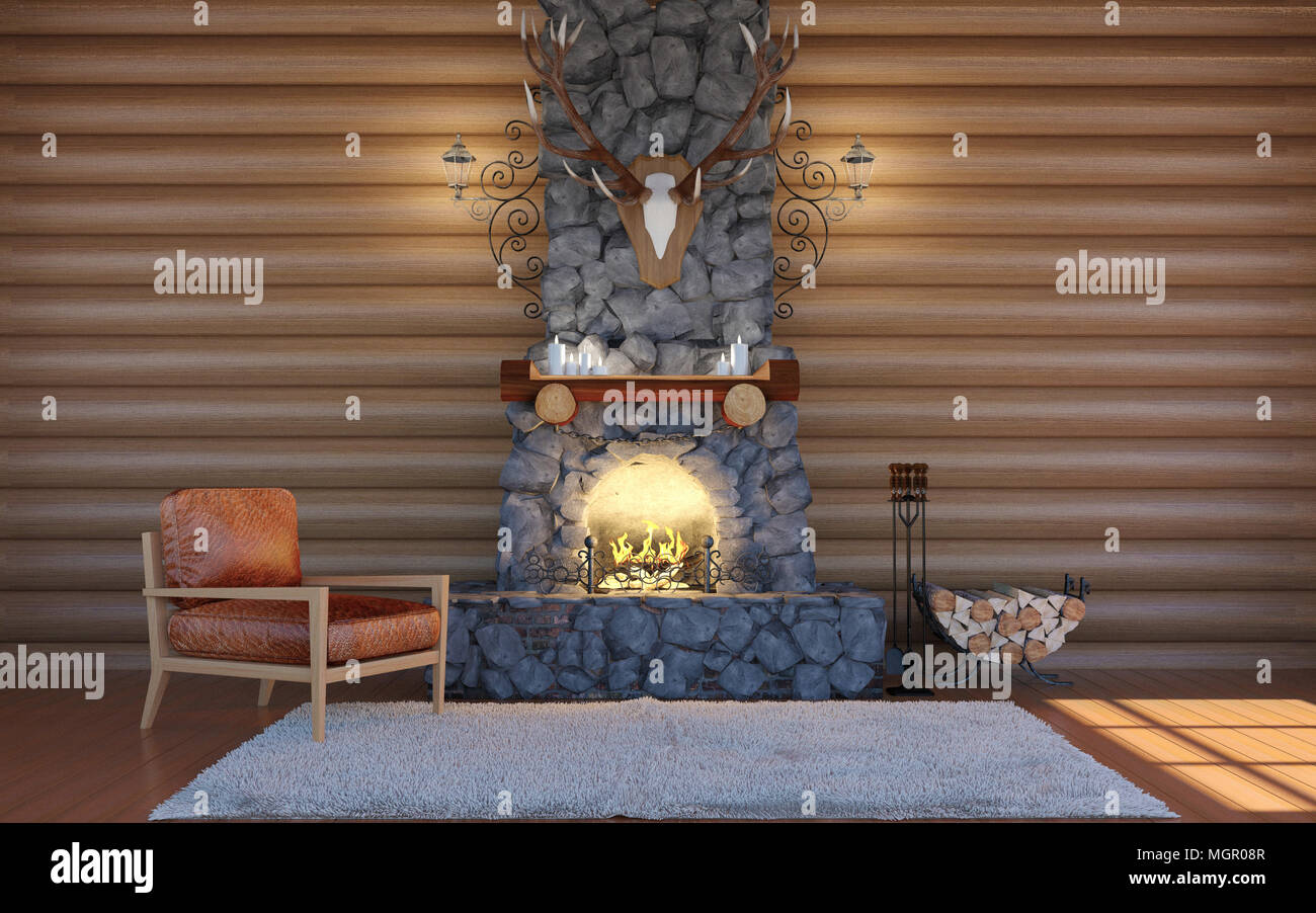 Room Interior In Log Cabin Building With Stone Fireplace And Retro