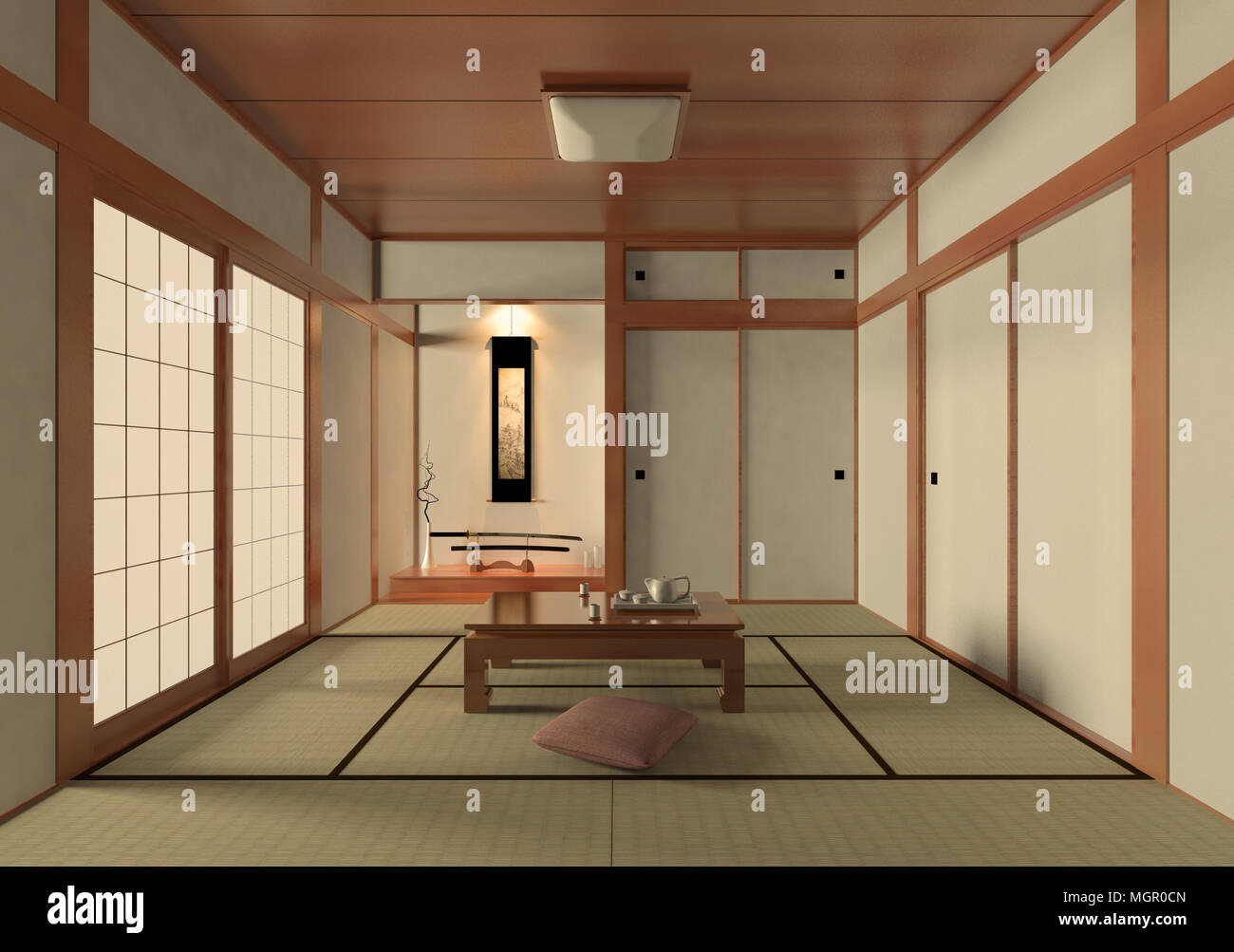 Japanese living room interior in traditional and minimal design with Tatami  mat floor, Japanese Shoji door and Japanese sword Stock Photo - Alamy
