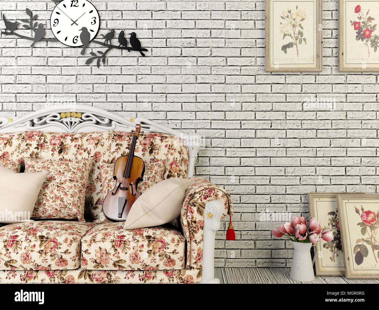 3D rendering white vintage style living room with decoration Stock Photo