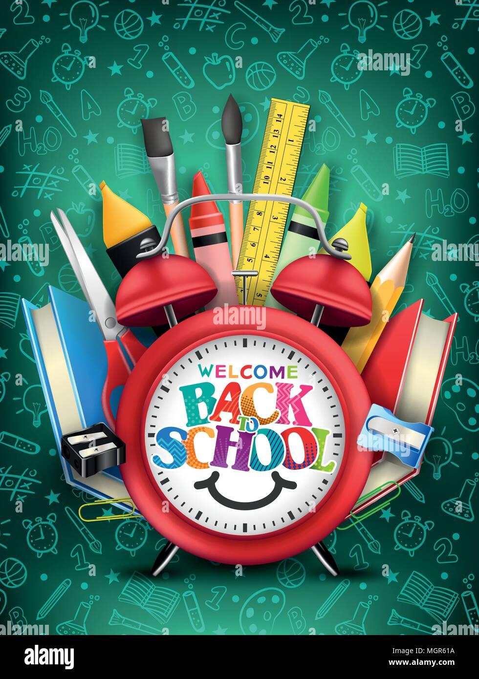 Back to School Text in Red Alarm Clock with Books, Crayons and Other ...