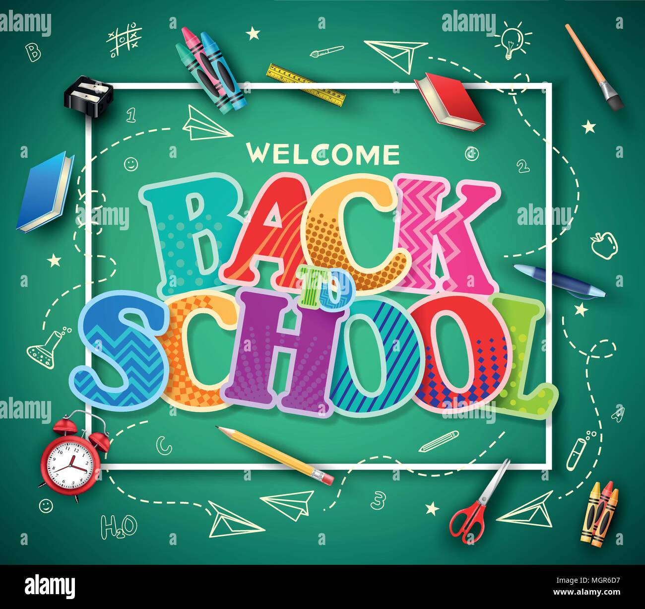 Green Chalkboard Background Back to School Colorful Patterned Text in ...