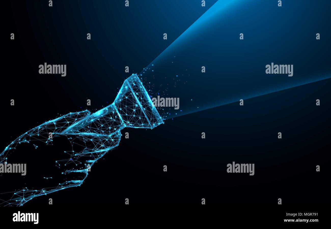 Hand holding a flashlight form lines and triangles, point connecting network on blue background. Illustration vector Stock Vector