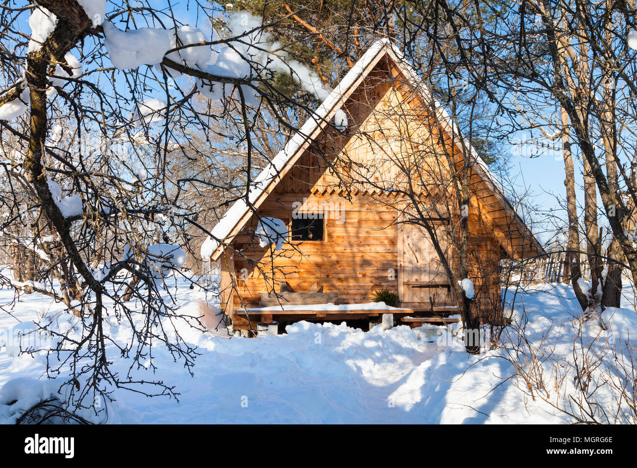 New Little Wooden Cottage In Snow Covered Garden In Sunny Winter