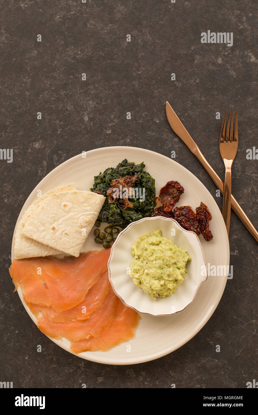 Healthy breakfast platter over black tabletop with guacamole, smoked