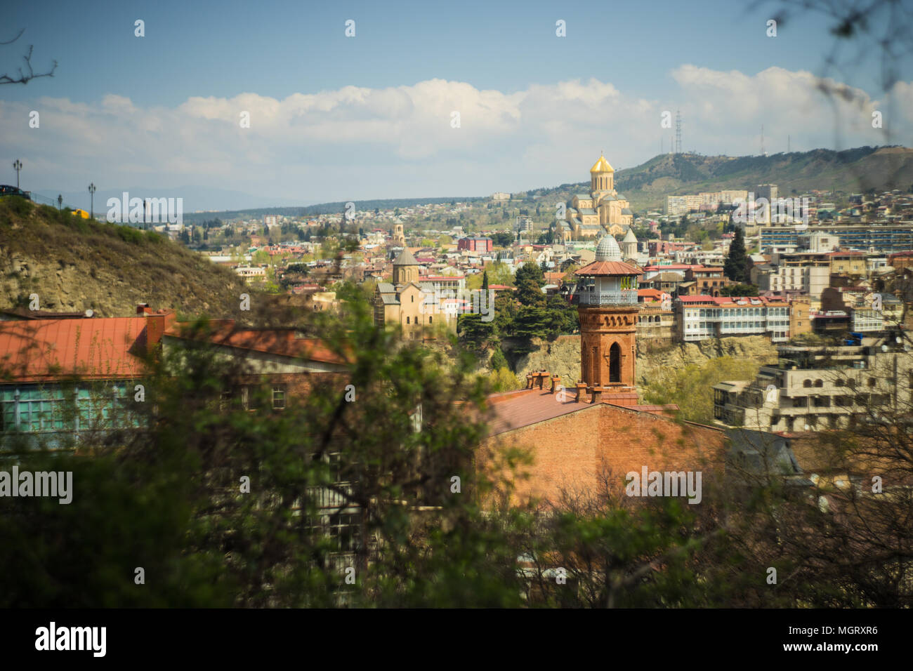 View from Tbilisi botanical garden to Old town with domes of main mosque and cathedrals Stock Photo