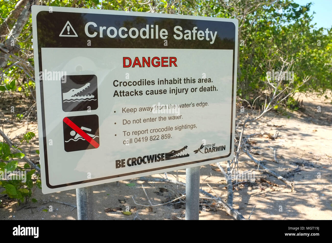 Crocodile safety sign at the East Point Reserve in Darwin, Northern Territory, Australia. Stock Photo
