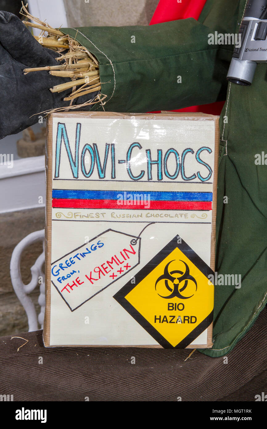 Salisbury poison nerve agent chemical weapon attack on Sergei and yulia skripal depicted at the scarecrow festival in Wray, Lancaster, UK. Stock Photo