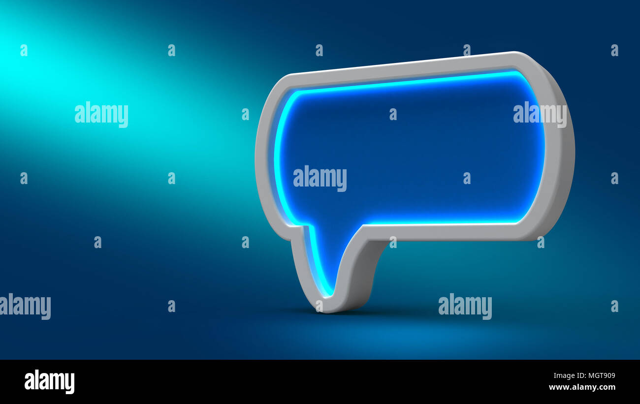 Glowing neon speech bubble on blue background, 3d illustration. Set for design presentations. Stock Photo