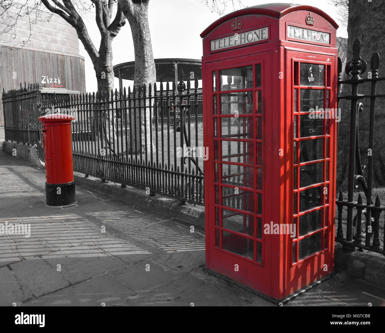 2 icons, in red, phone box and post box Stock Photo