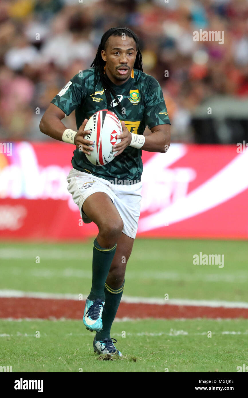 Singapore. 29th Apr, 2018. Cecil Afika of South Africa runs with the ball during the Cup Semi Final match between Fiji and South Africa at the Rugby Sevens tournament at the National Stadium. Singapore. Credit: Paul Miller/ZUMA Wire/Alamy Live News Stock Photo