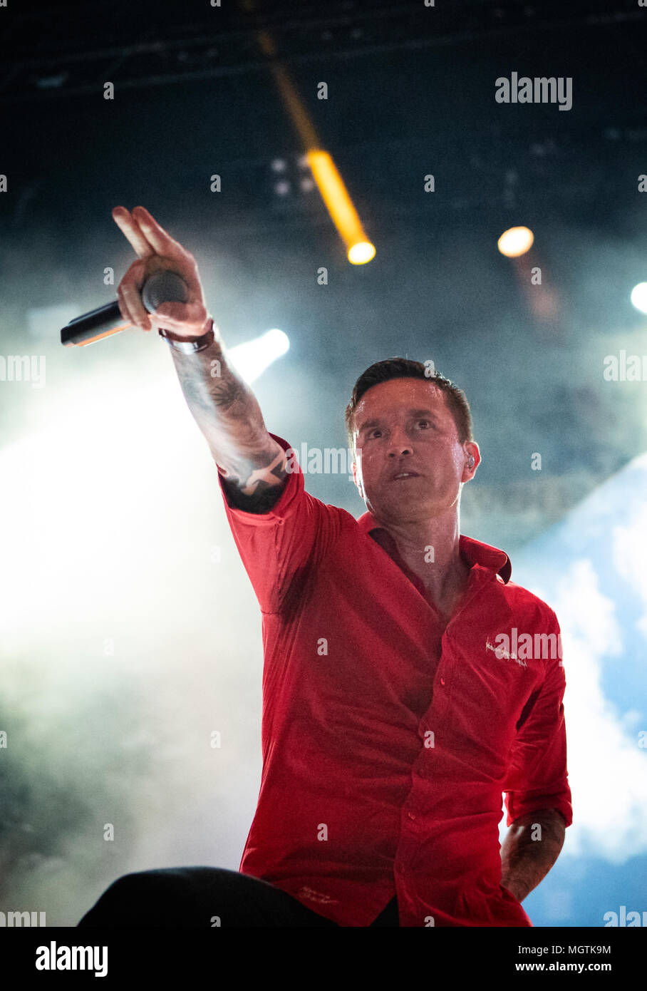 28 April 2018, Germany, Leipzig: Marcus Bischoff from the metalcore band Heaven Shall Burn from Saalfeld/Saale performing during the Impericon Festival. The band bid farewell ahead of a long hiatus and Bischoff is to embark on a new solo project. Photo: Alexander Prautzsch/dpa-Zentralbild/dpa Credit: dpa picture alliance/Alamy Live News Stock Photo