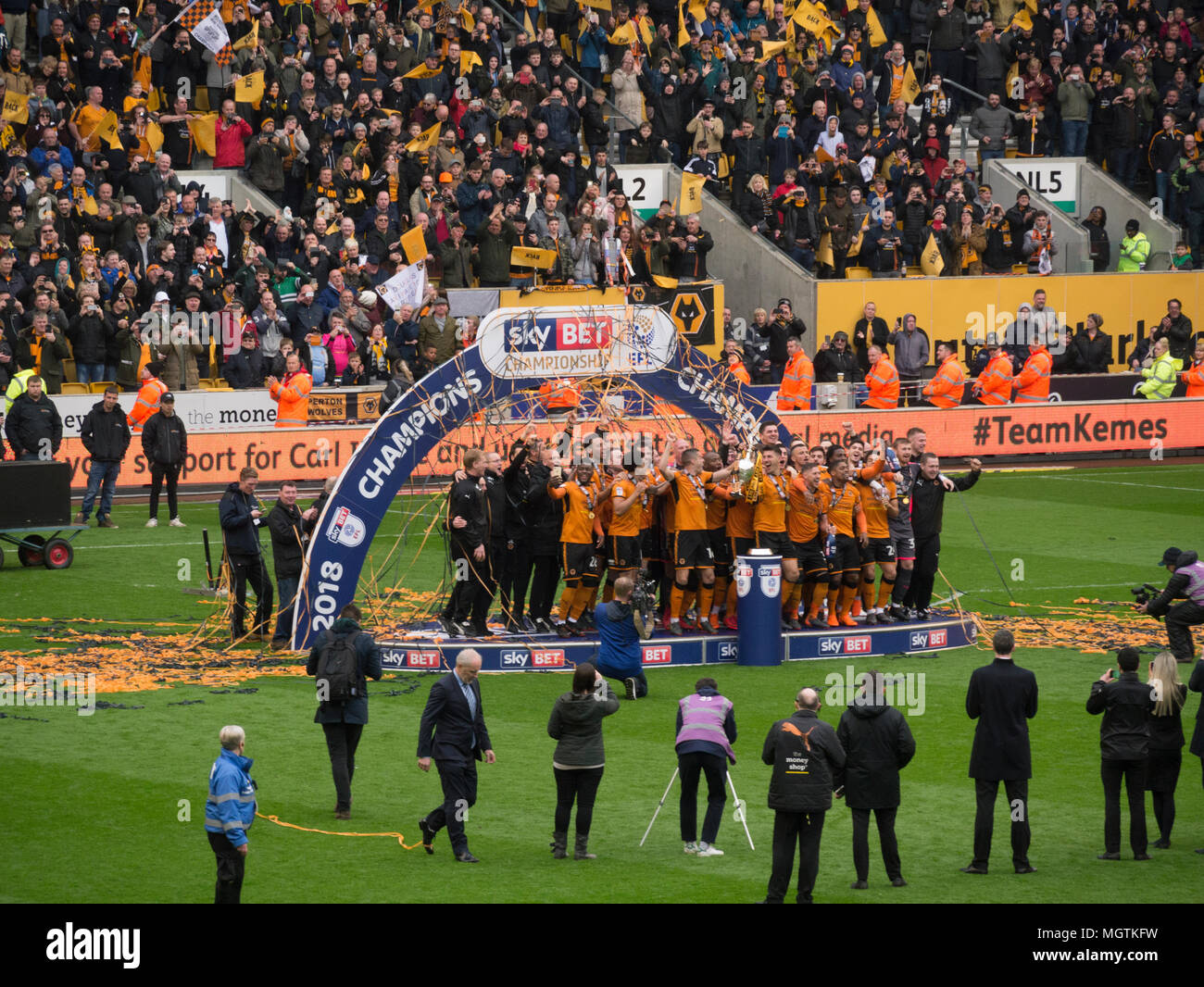 Wolverhampton, UK. 28 April 2018. Wolverhampton Wanderers Football Club players and Staff with the trophy presented to the winners as the EFL Championship 2017/18 season at Molineux Ground Wolverhampton West Midlands Credit: Ange/Alamy Live News Stock Photo
