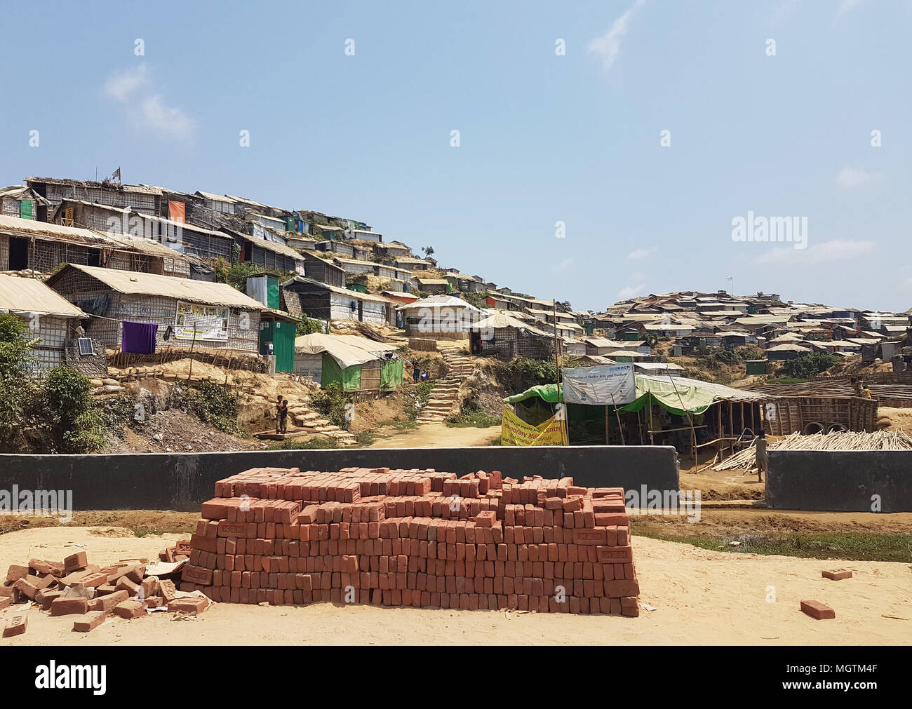 12 April 2018, Bangladesh, Cox·s Bazar: Tightly packed huts in a Rohingya refugee camp. Devastating damage through flooding and landslides are feared as the monsoon season approaches. Photo: Nick Kaiser/dpa - ATTENTION: only for use until the end of the public police search Stock Photo