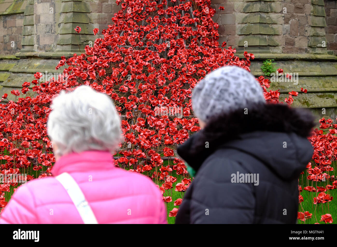 Hereford, UK 29th April 2018.Today is the final day of the Weeping Window ceramaic poppies art installation at Hereford Cathedral - the project commemorates the First World War and is by artist Paul Cummins. It is estimated that over 90,000 visitors have been to see the ceramic poppies in Hereford since they arrived in March 2018. The Weepeing Window installation will now move onto display at Carlisle Castle  - Photo Steven May / Alamy Live News Stock Photo