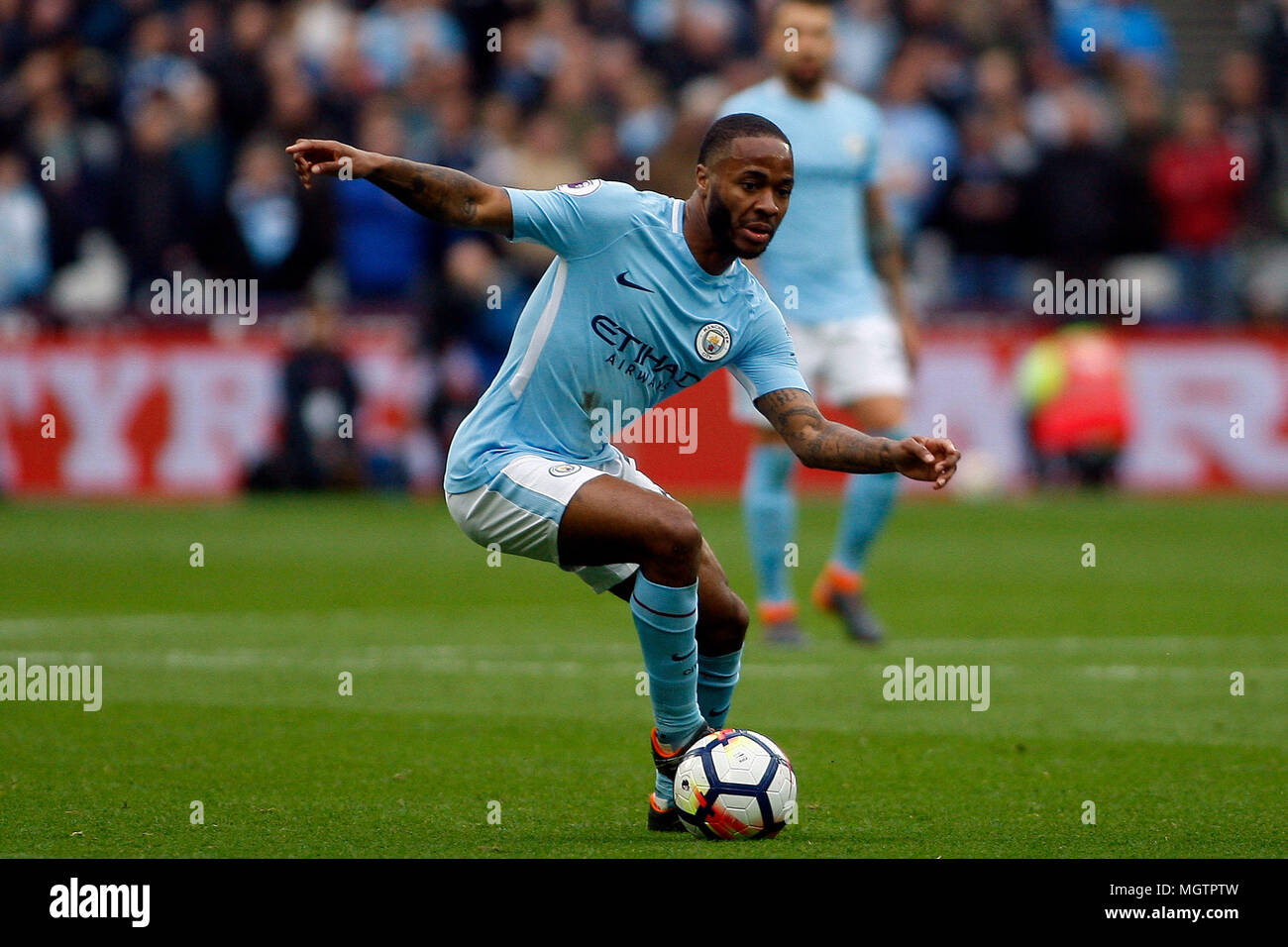 London, UK. 29th Apr, 2018. Raheem Sterling of Manchester City in action. Premier League match, West Ham United v Manchester city at the London Stadium, Queen Elizabeth Olympic Park in London on Sunday 29th April 2018.  this image may only be used for Editorial purposes. Editorial use only, license required for commercial use. No use in betting, games or a single club/league/player publications . pic by Steffan Bowen/Andrew Orchard sports photography/Alamy Live news Credit: Andrew Orchard sports photography/Alamy Live News Stock Photo